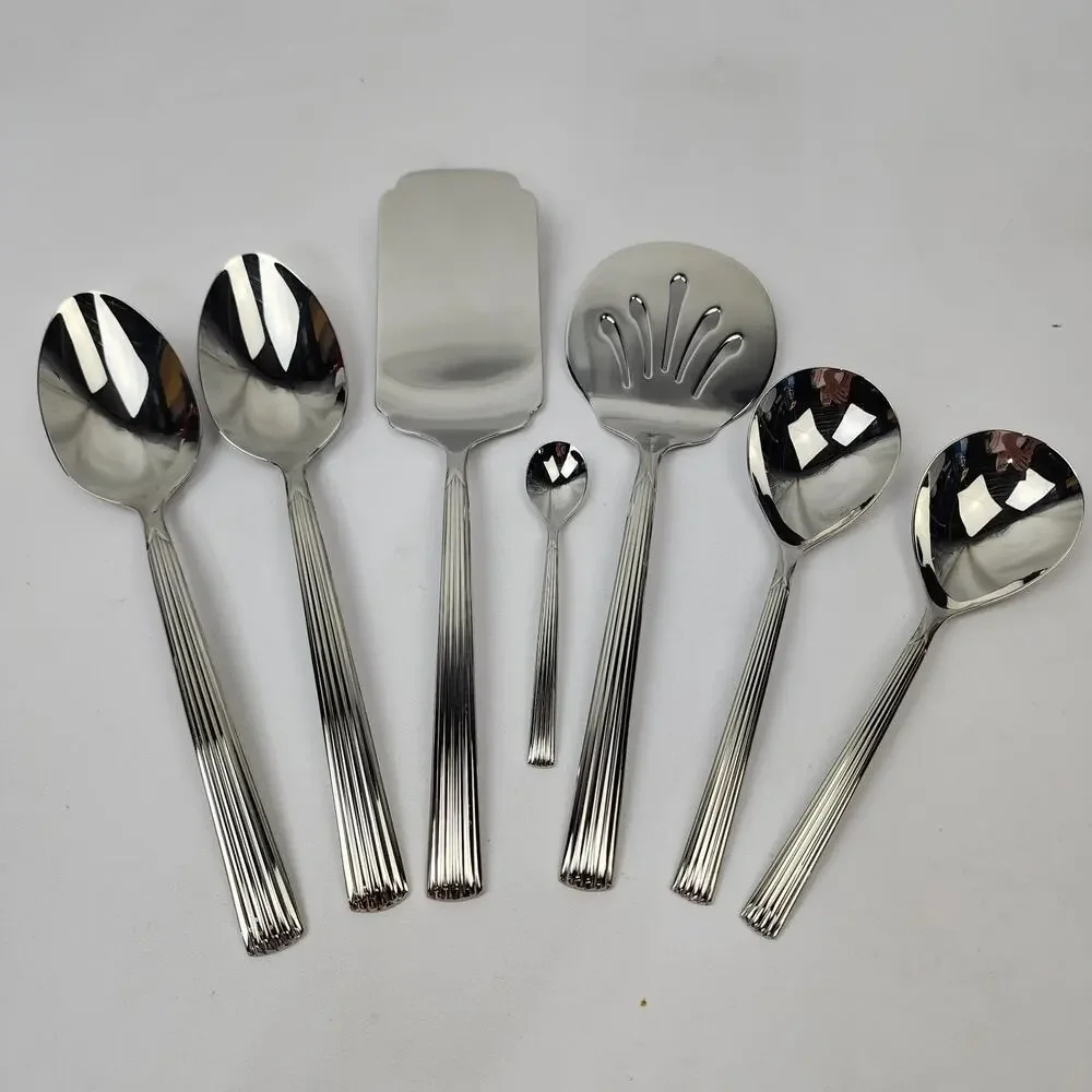 Lenox Stainless Flatware 18/10 Kennedy Serving Set 7pc Grooved Handle Glossy